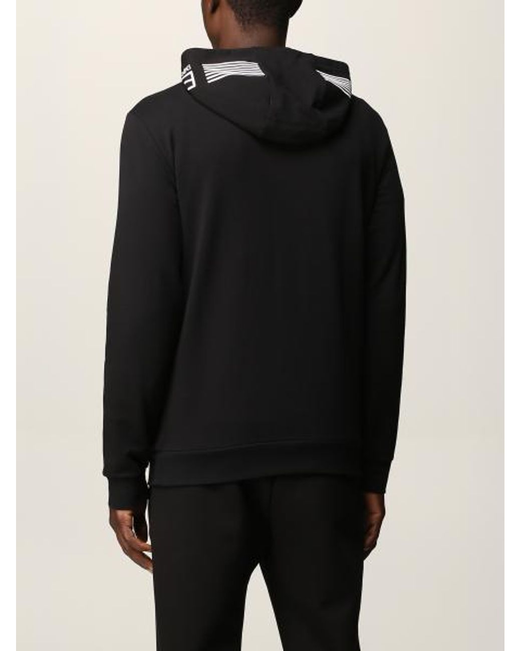 EA7 Black Logo Print Long-Sleeve Hooded Sweatshirt for men