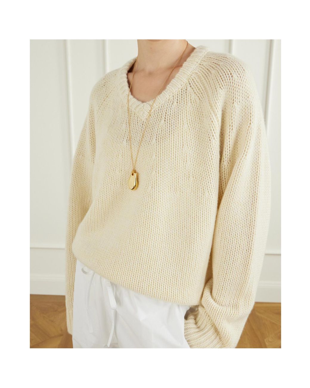 Lisa Yang Natural Ribbed V-Neck Sweater