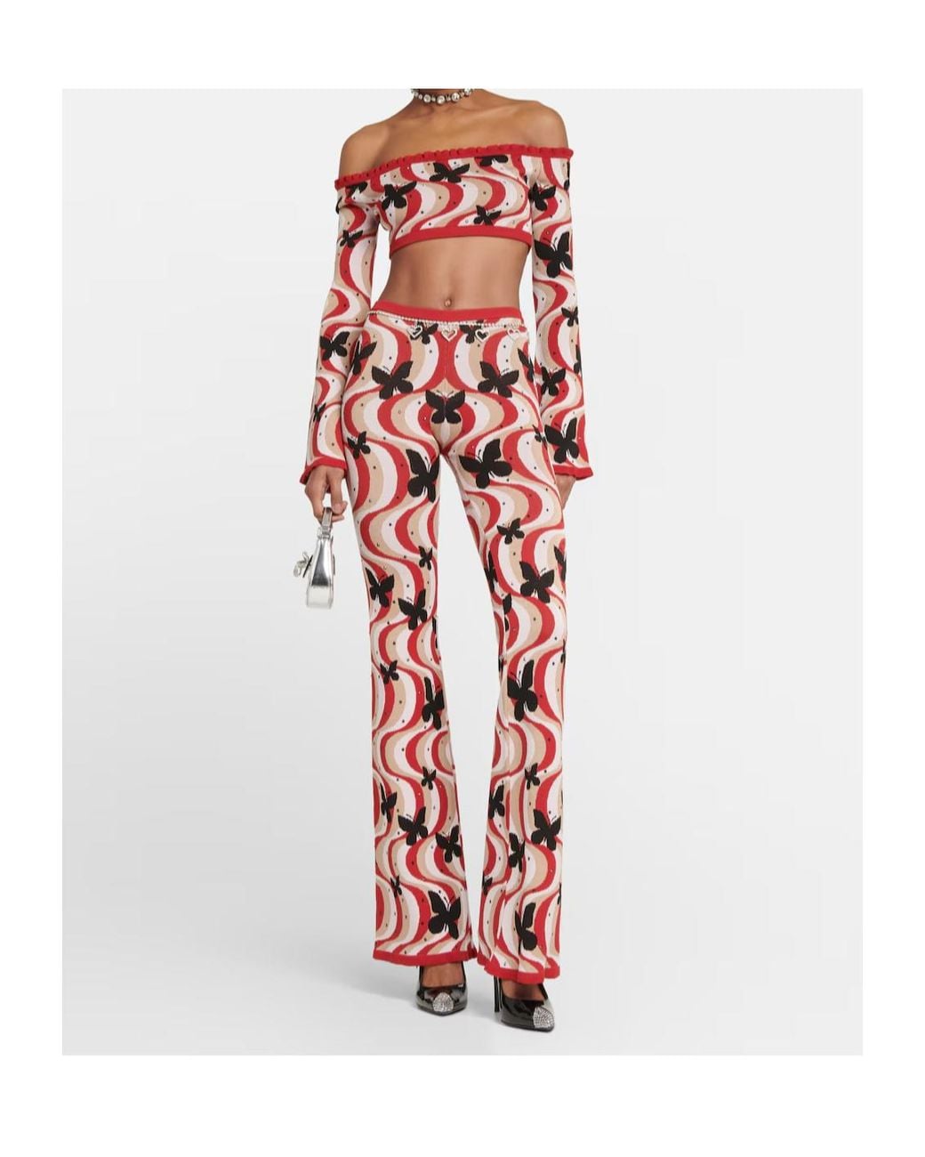 Alessandra Rich Red Printed High-Rise Flare Pants