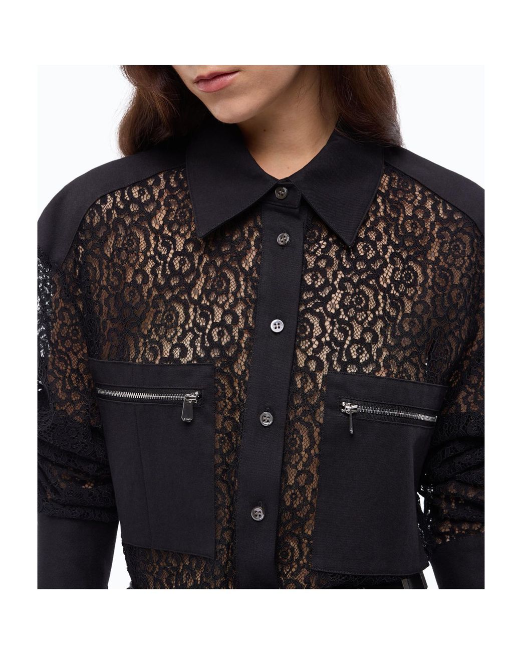 Pinko Black Lace-Panel Zip-Pocket Shirt