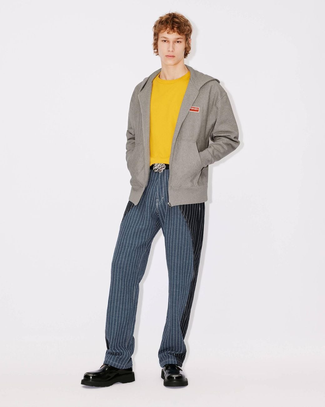 KENZO Gray Logo Embroidered Zip-Up Hoodie for men