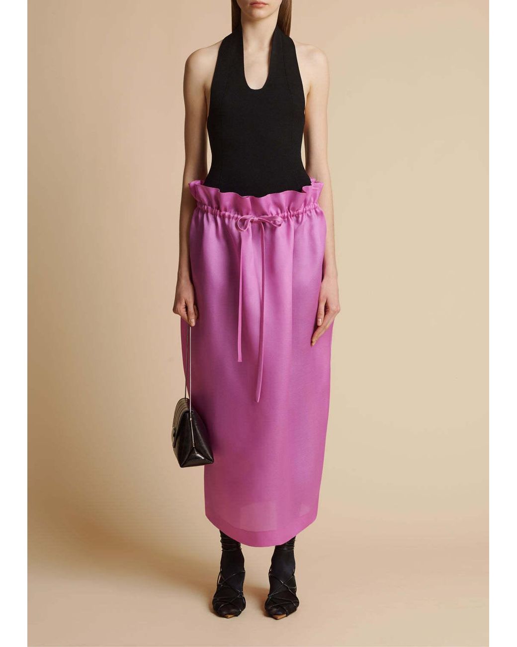 Khaite Pink Ember Paperbag-waist Silk Organza Midi Skirt