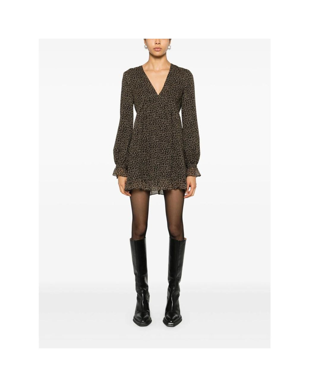 Saint Laurent Black Leopard Printed Long-Sleeved Dress