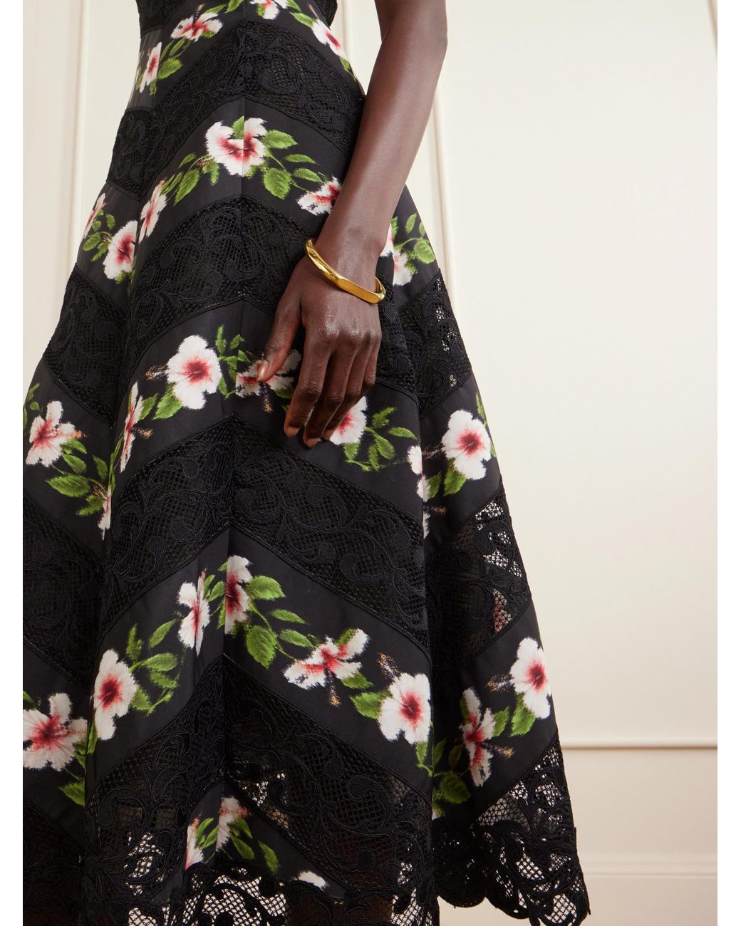 Oscar de la Renta Black Floral-Print Faille And Lace Midi Dress