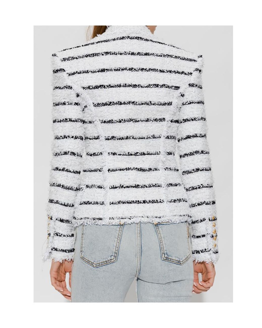 Balmain Gray Double Breasted Striped Tweed Jacket