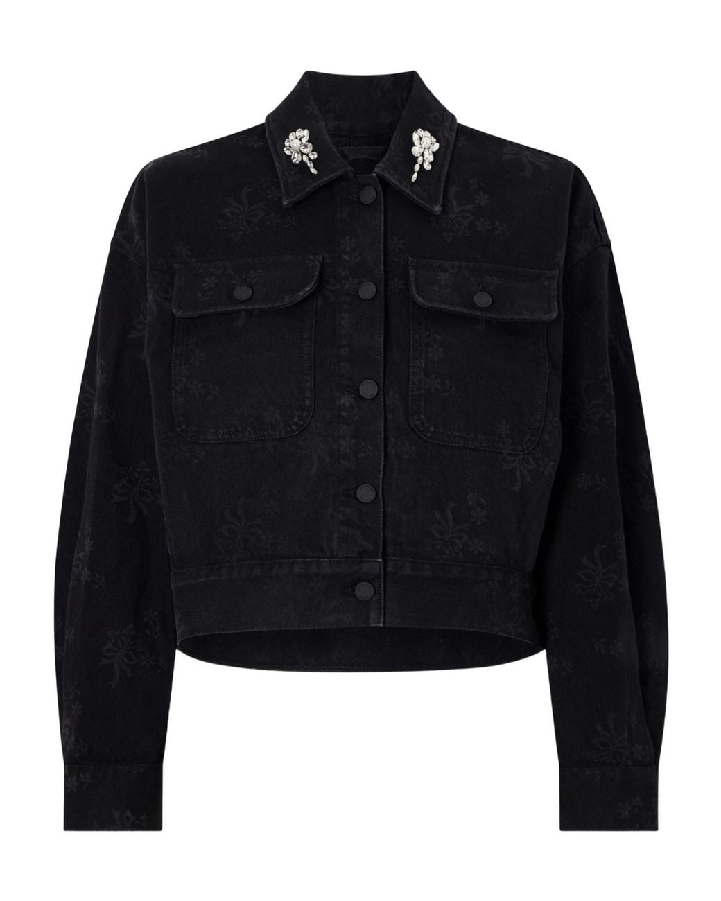 Simone Rocha Black Crystal-Embellished Floral-Print Denim Jacket
