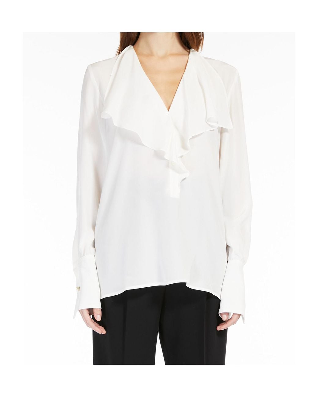 Max Mara White V-Neck Ruffled Long-Sleeved Top