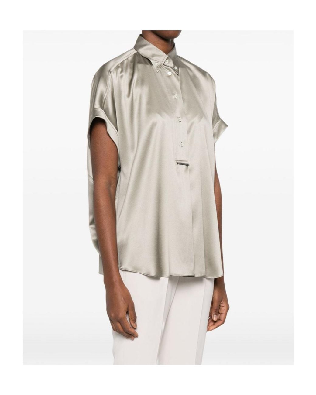 Brunello Cucinelli Gray Stretch Satin Monili Shirt