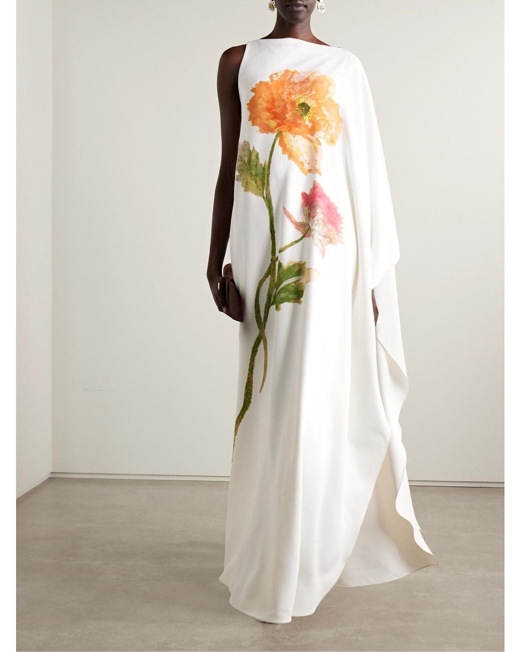 Carolina Herrera White One-Sleeve Draped Floral-Print Crepe Gown
