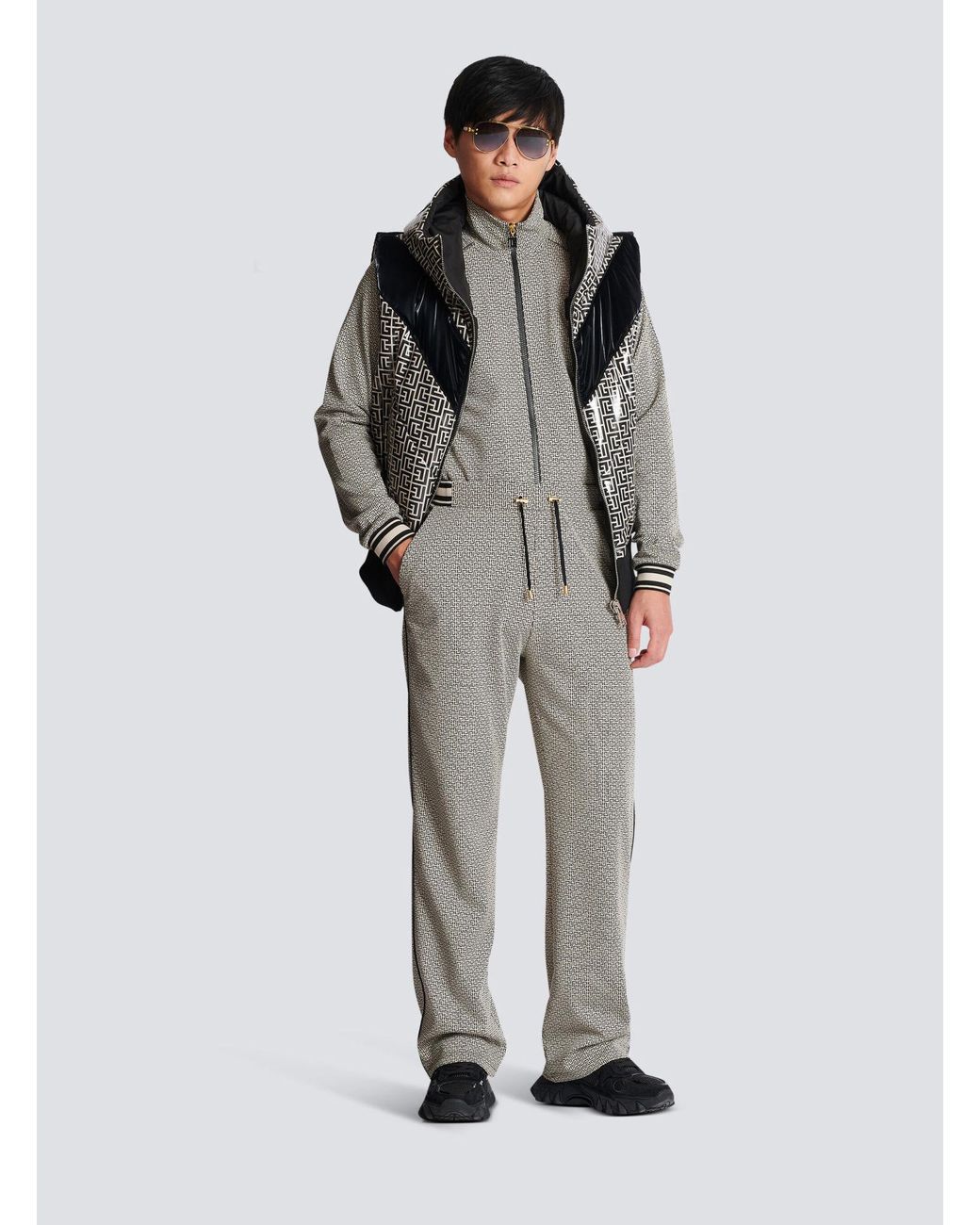 Balmain Gray Monogram-Jacquard Drawstring Pants for men