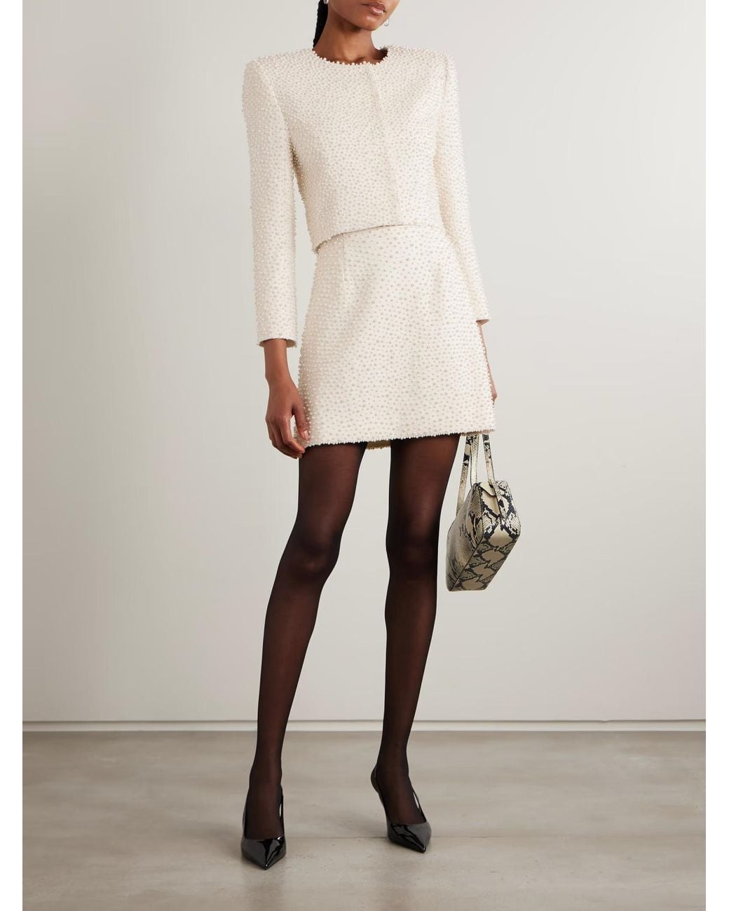 Carolina Herrera Natural Embellished Wool-Blend Crepe Mini Skirt