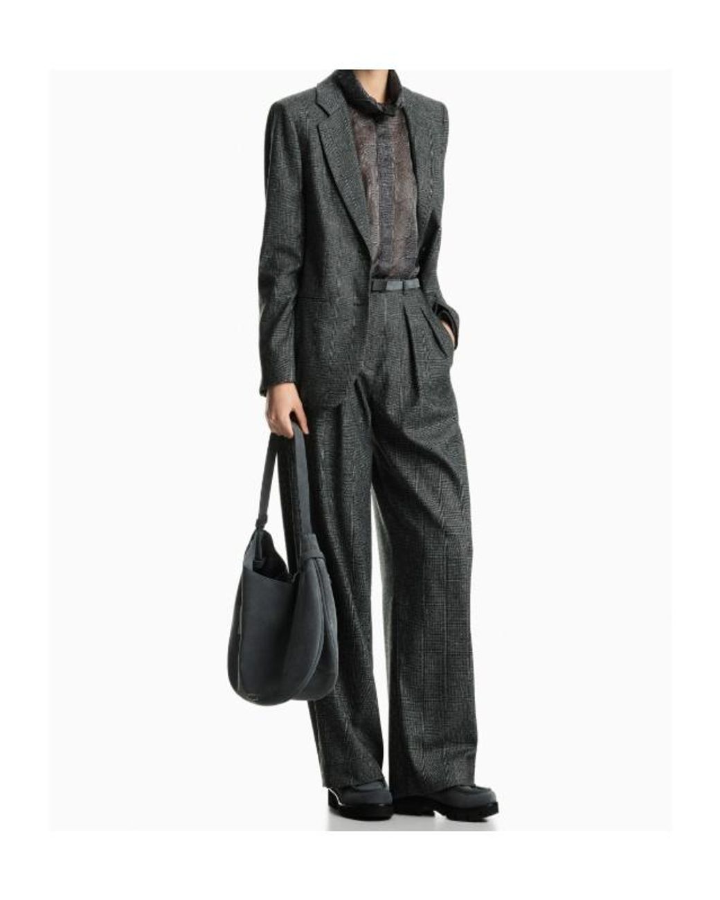 Emporio Armani Gray Check-Pattern Pleated Tailored Trousers