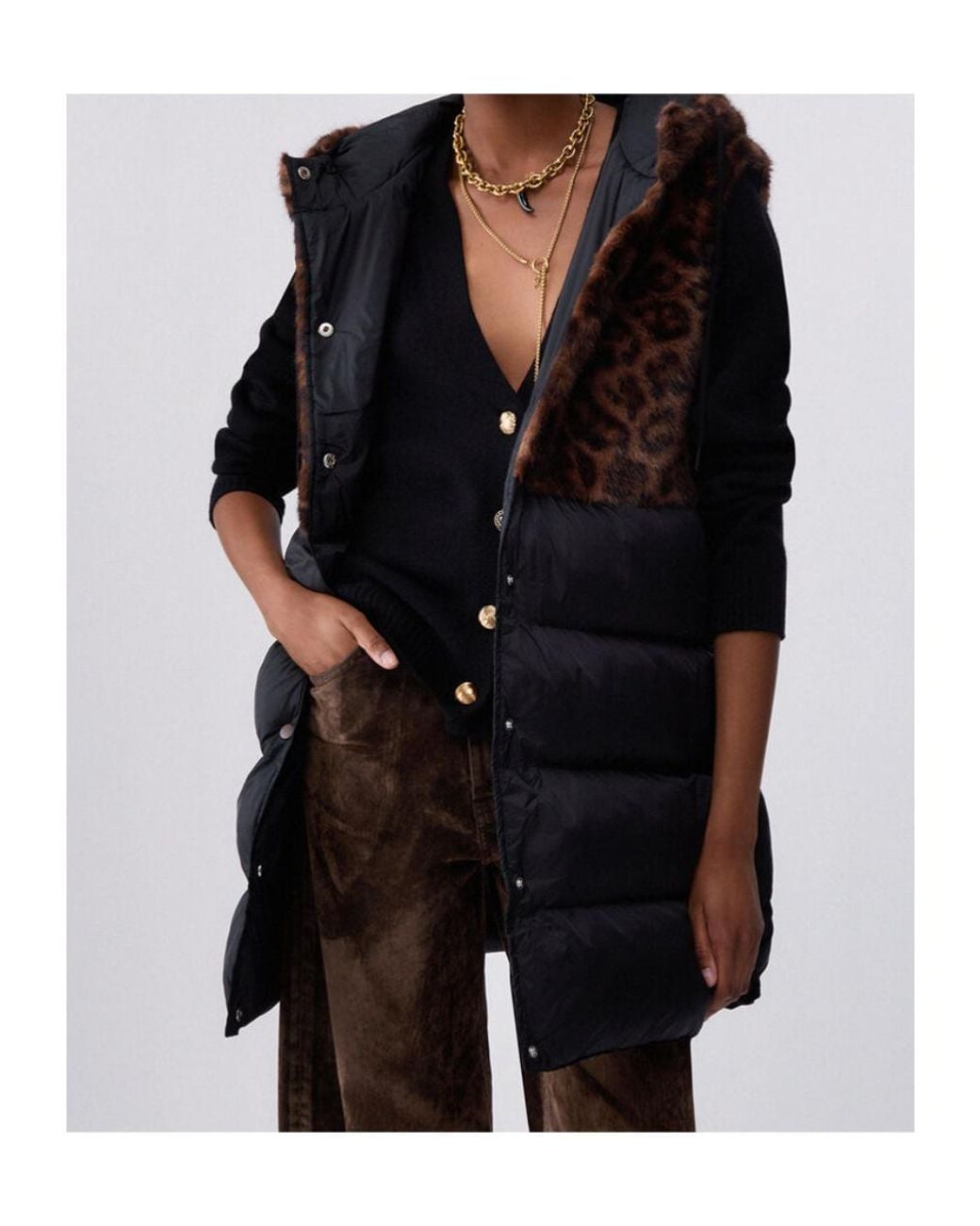 Liu Jo Leopard-Print Panel Quilted Gilet in Black | Lyst