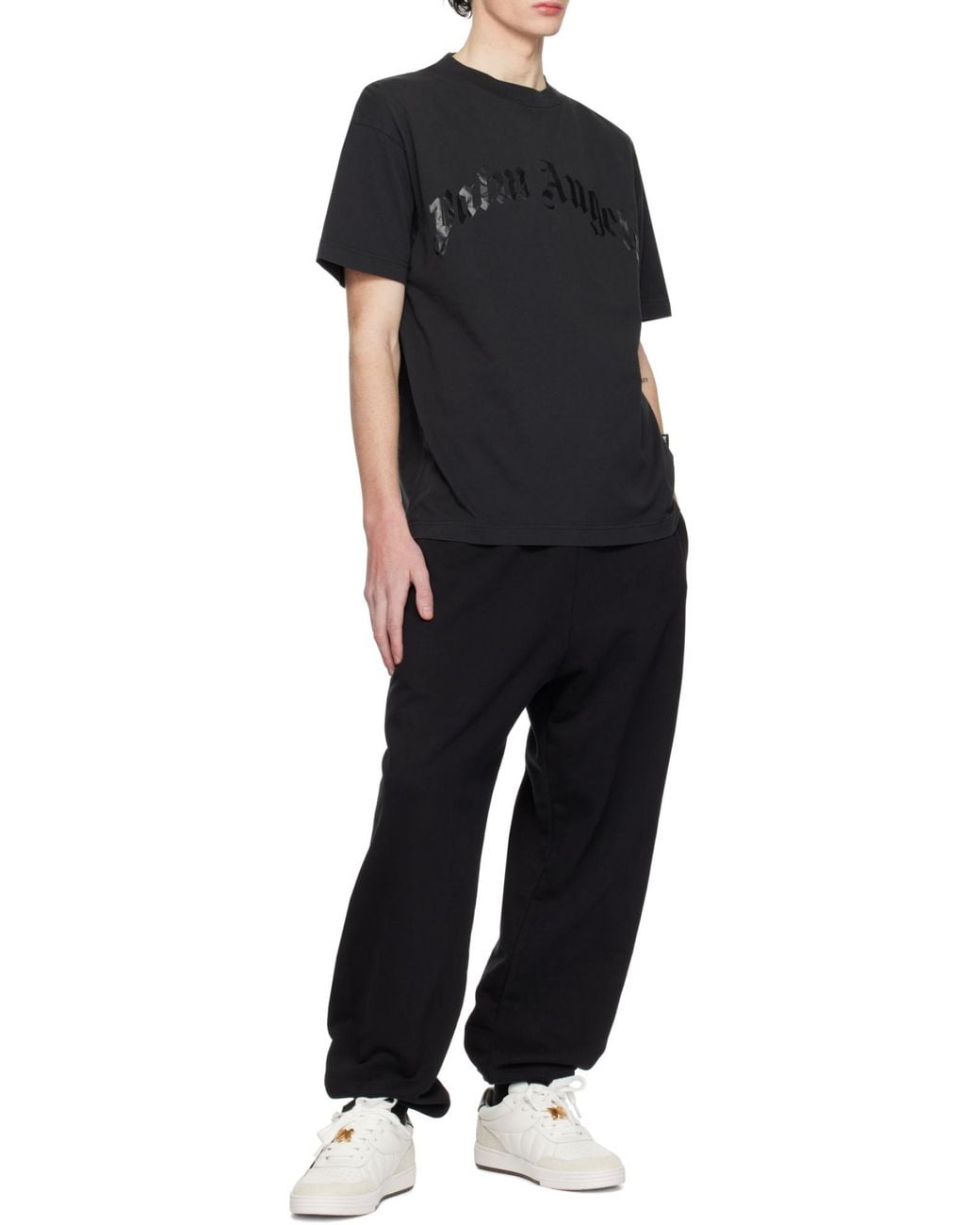 Palm Angels Black Curved Logo Printed Crewneck T-Shirt for men