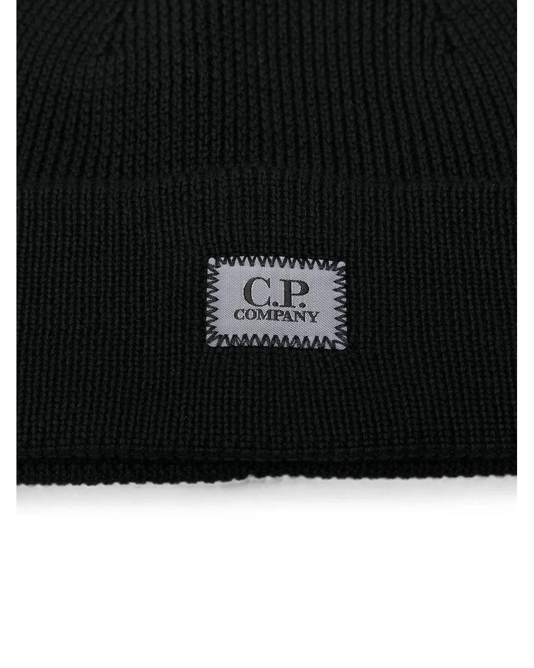 C P Company Black Logo-Patch Ribbed-Knit Beanie Hat for men