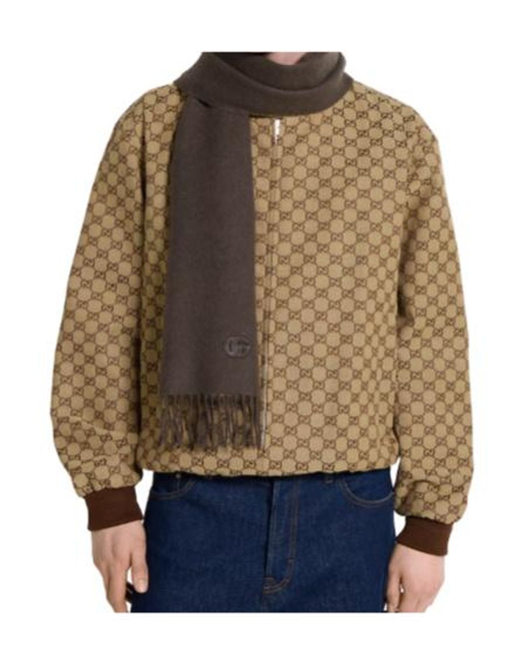 Gucci Brown Logo Patch Fringed Scarf for men