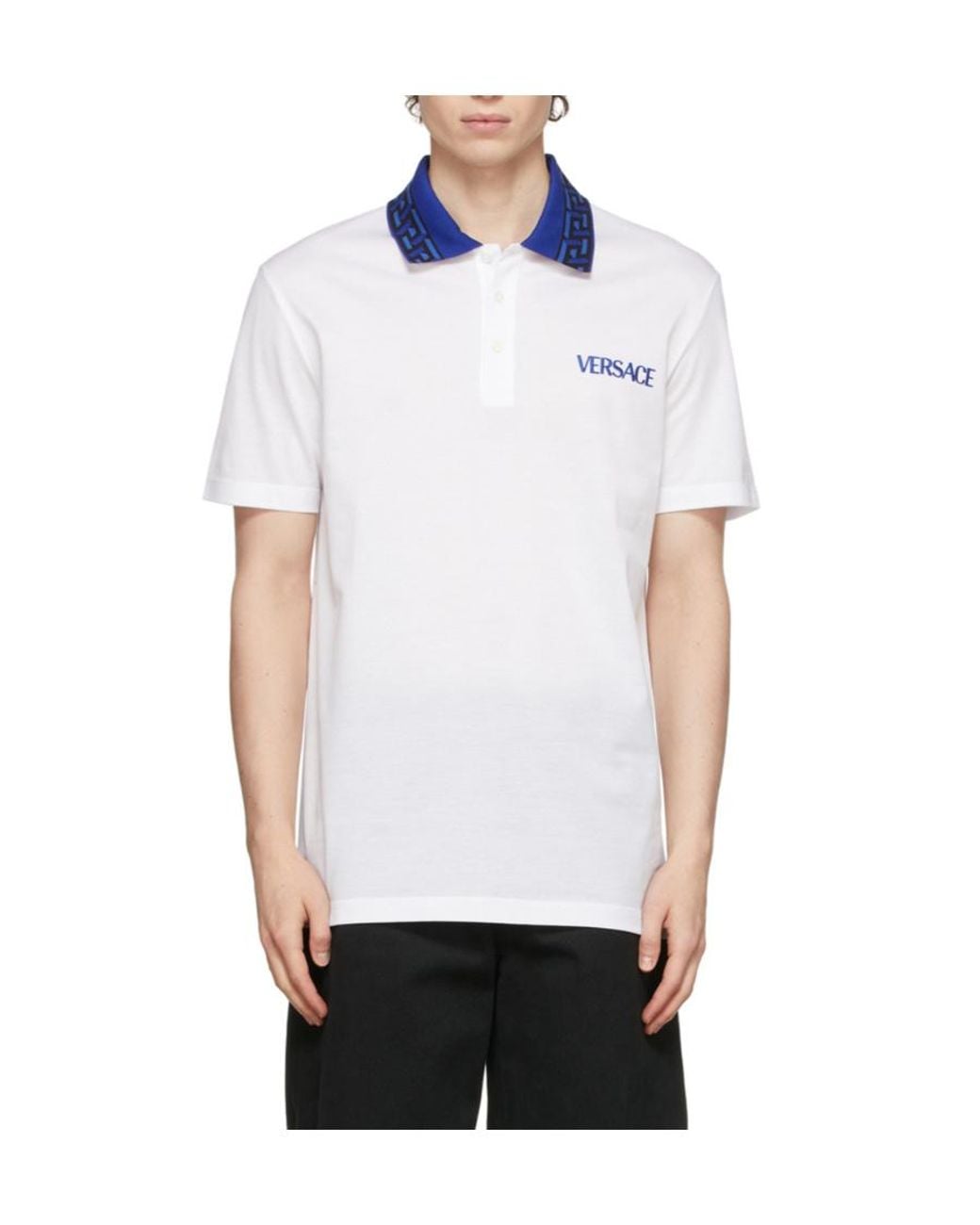 Versace Blue Intarsia-Knit Logo Straight Hem Polo Shirt for men