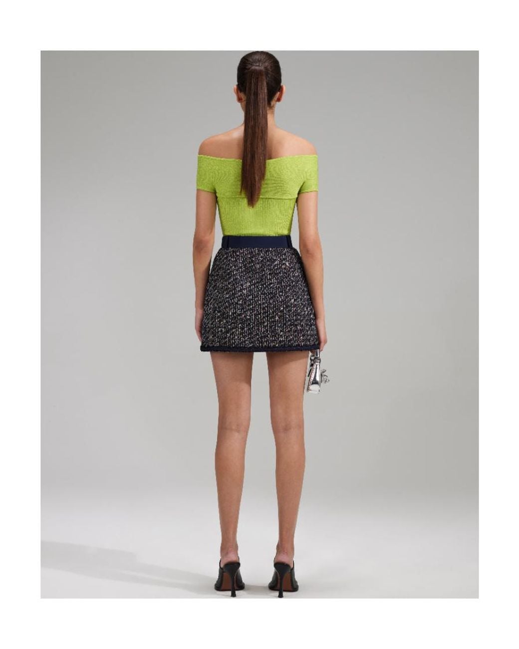 Self-Portrait Green Lurex Knitted Off-Shoulder Top