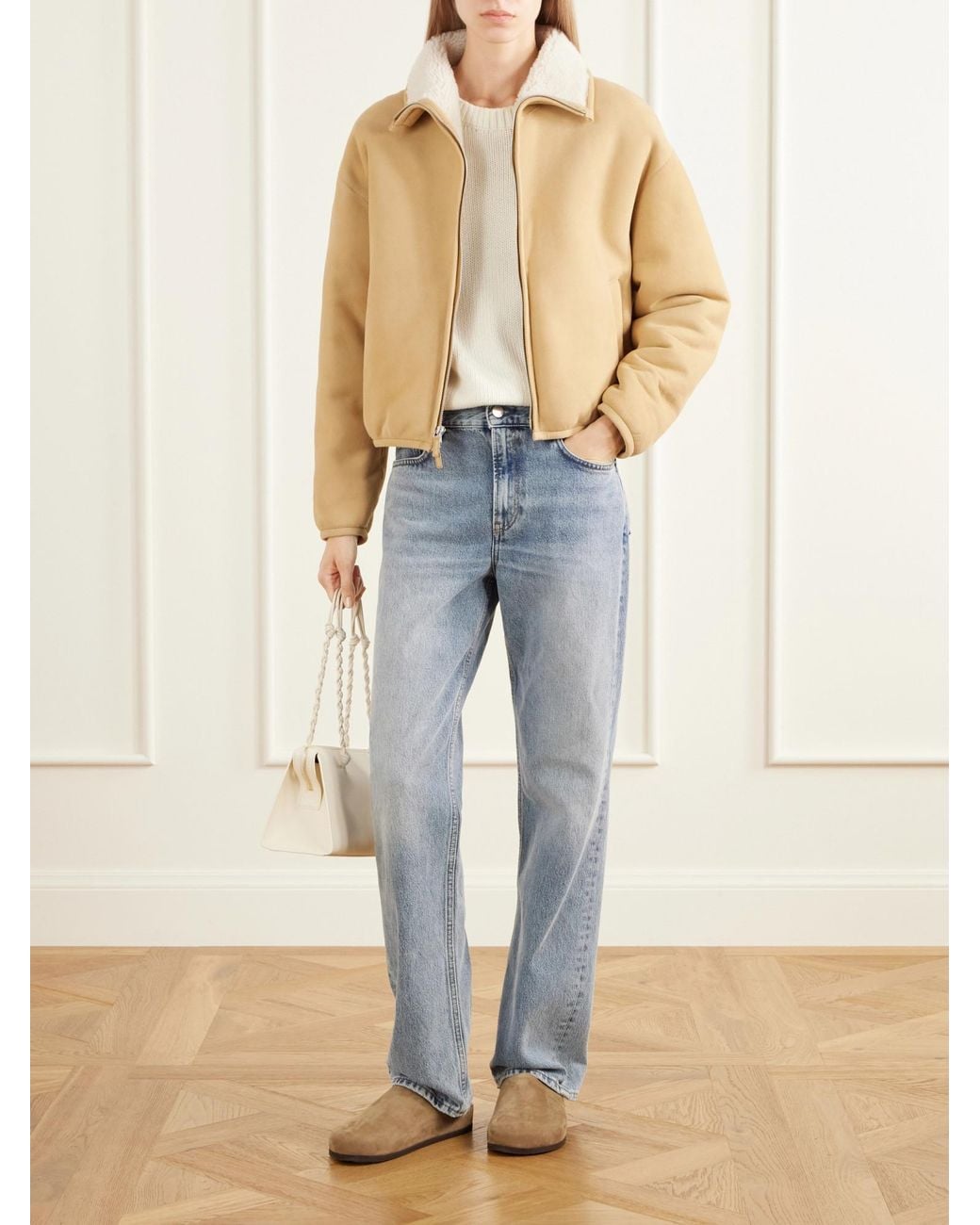 James Perse Natural Cropped Shearling-Trimmed Suede Jacket