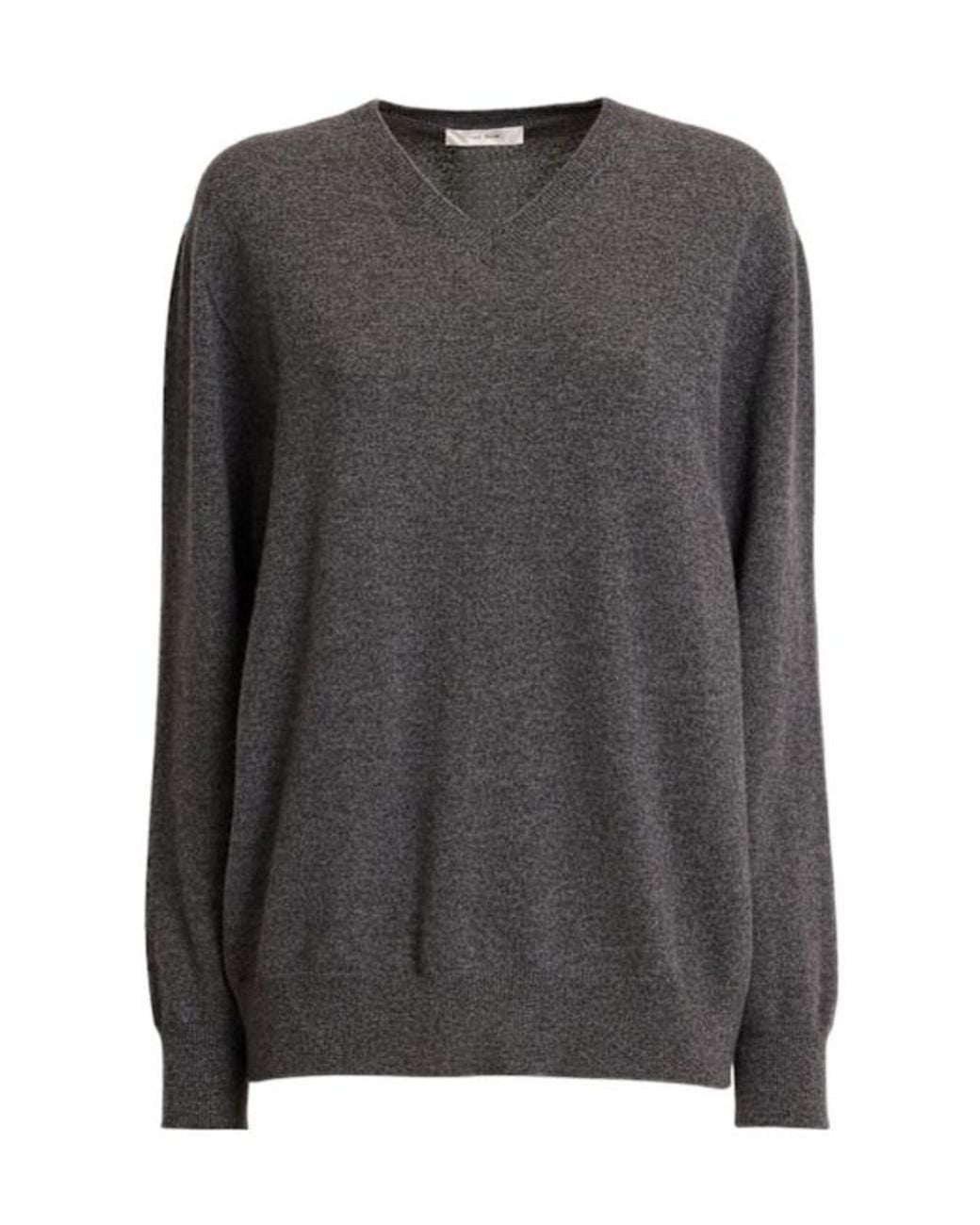 The Row Gray Ligeia Knit Cashmere V-Neck Sweater