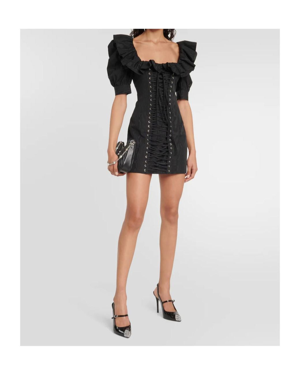 Alessandra Rich Black Ruffled Puff-Sleeve Minidress