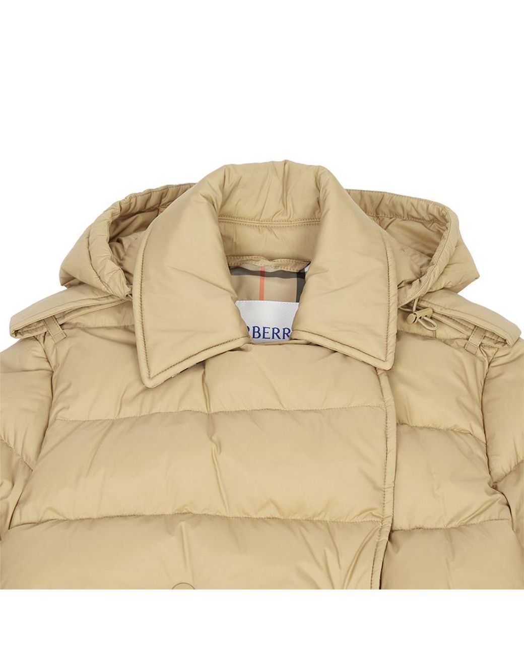 Burberry Natural Double Breasted Belted Hooded Puffer Coat