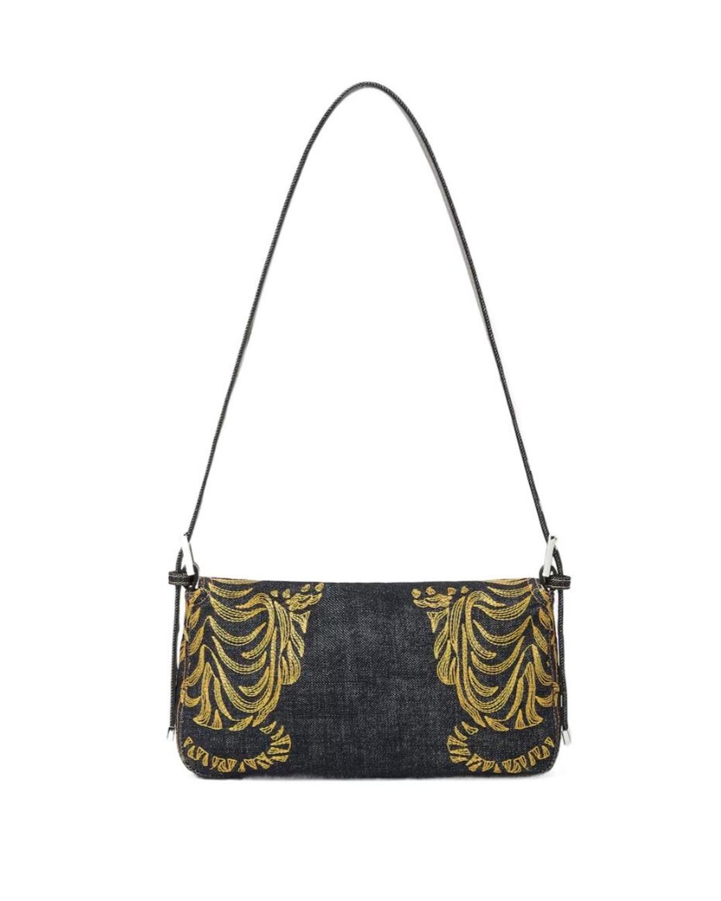 Fendi Black Baguette 26424 Dark Denim Bag With Embroidery