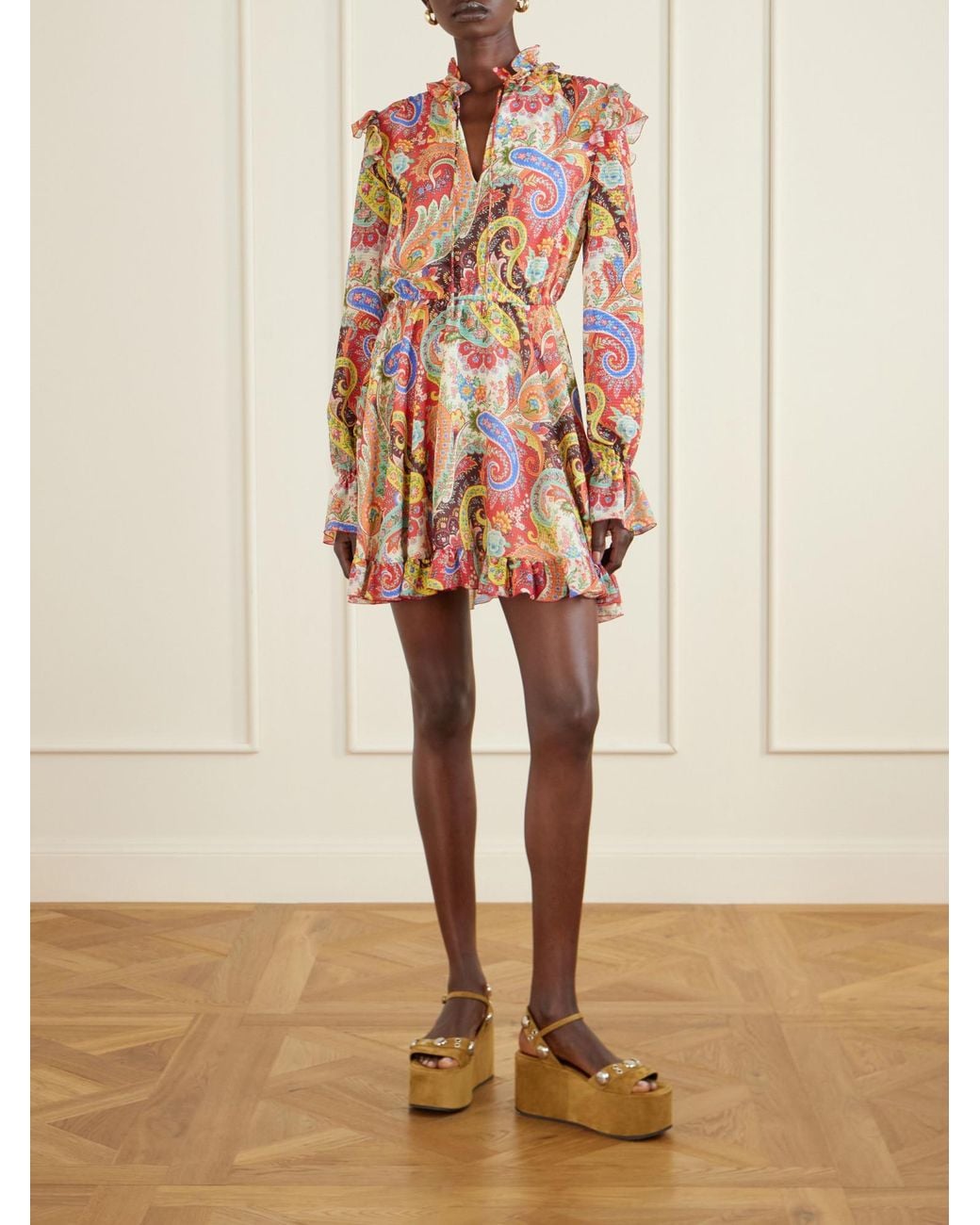 Etro Red Ruffled Paisley-Print Chiffon Mini Dress