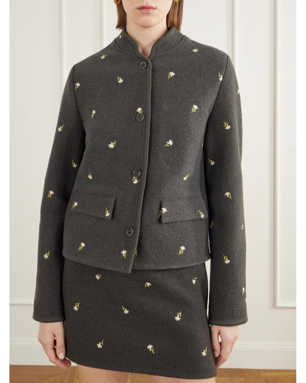 Rier Black Floral-Embroidered Felted Wool-Fleece Jacket