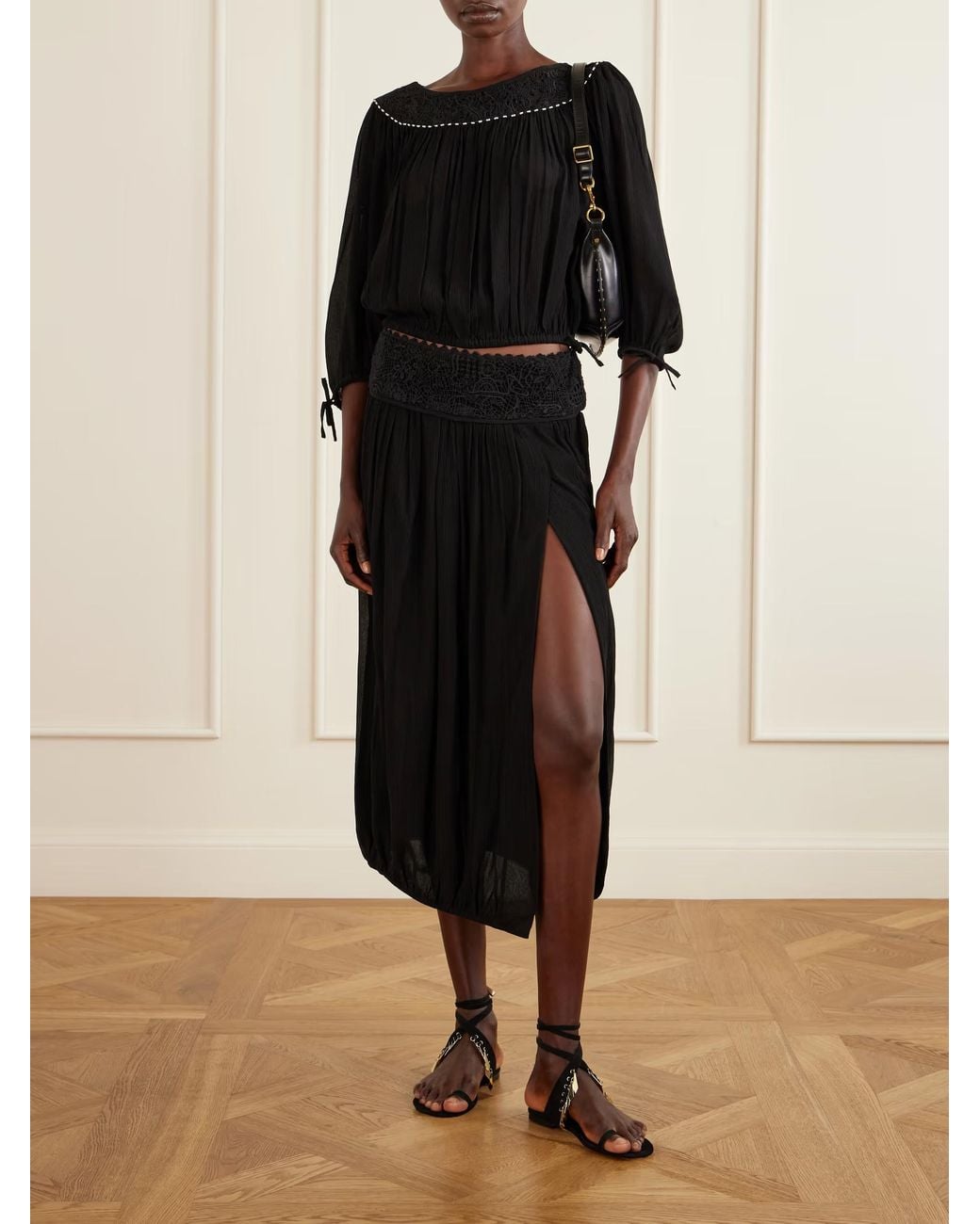 Isabel Marant Black Nilma Lace-Trimmed Silk Midi Skirt