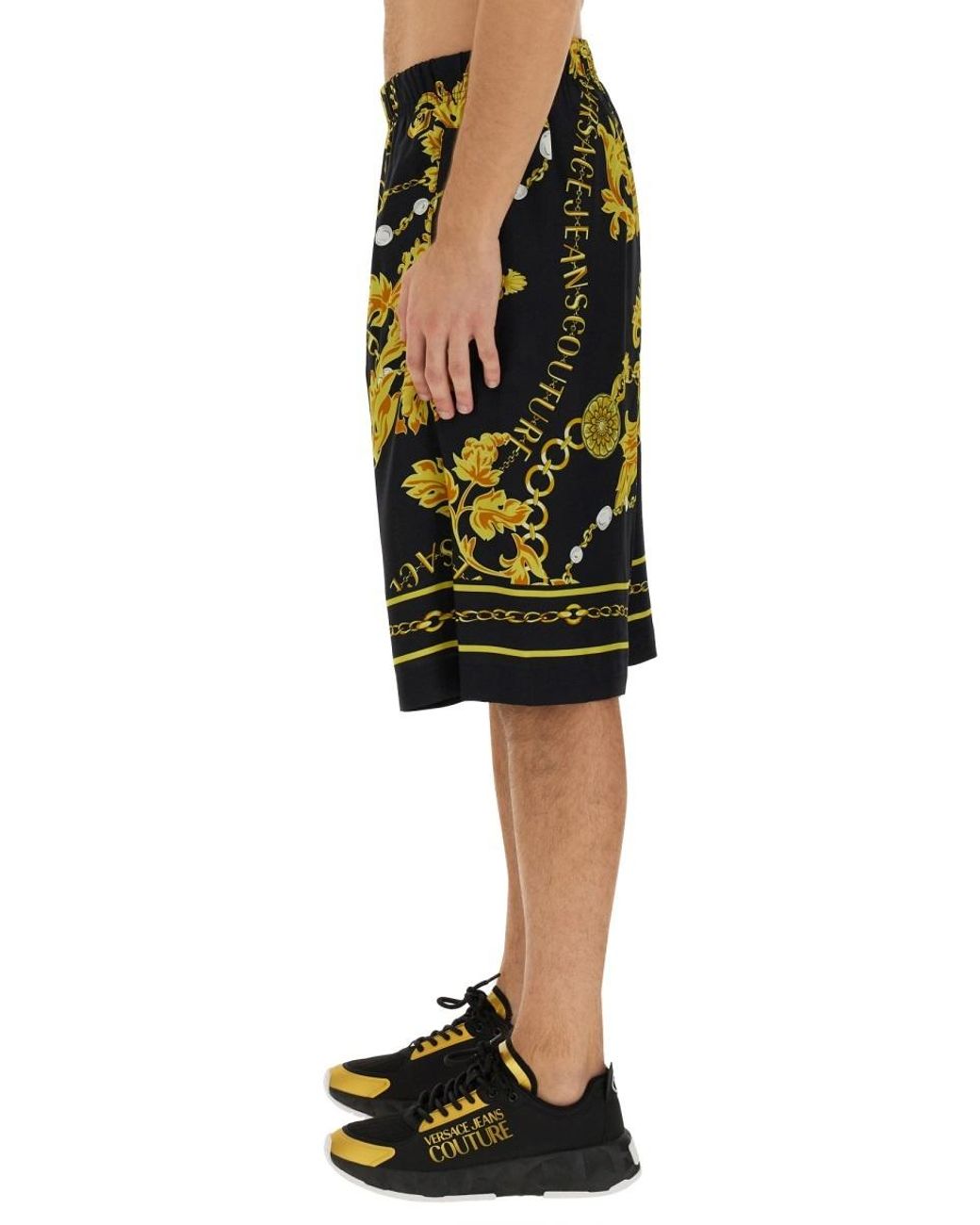 Versace Jeans Black Couture Barocco-Printed Knee-Length Track Shorts for men