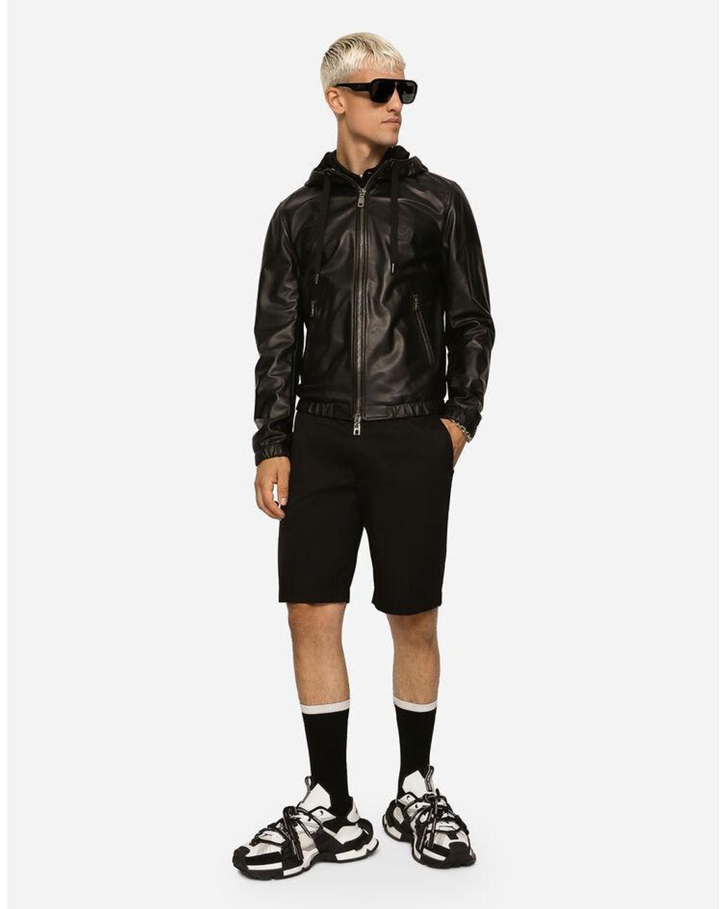 Dolce & Gabbana Black Logo-Tag Hooded Leather Jacket for men
