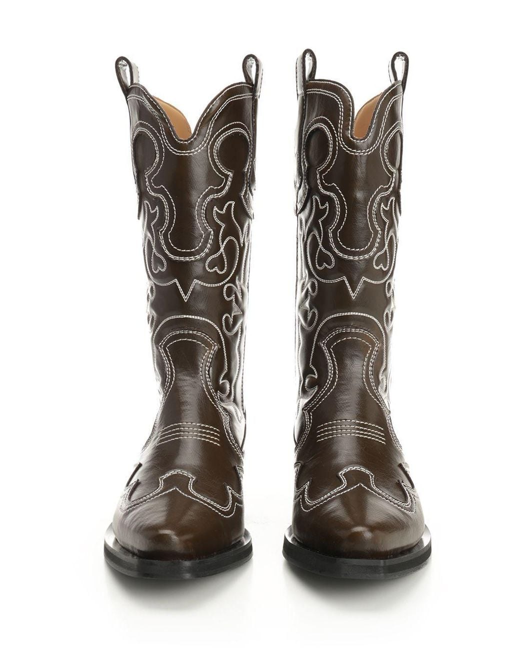 Ganni Brown Mid Shaft Embroidered Western Boots