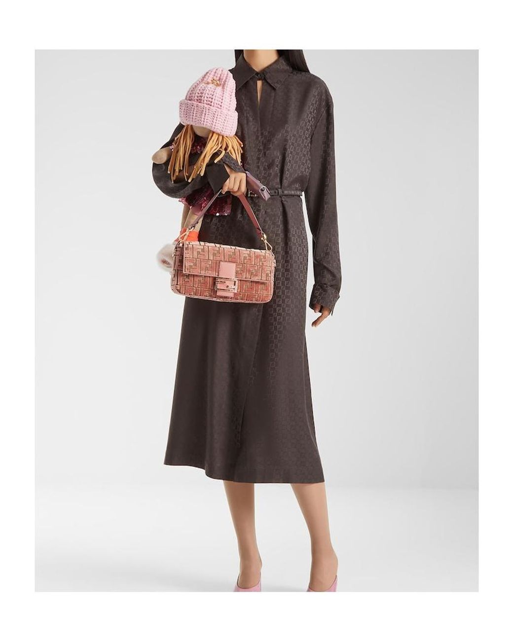 Fendi Brown Ff Jacquard Belted Midi Shirt Dress
