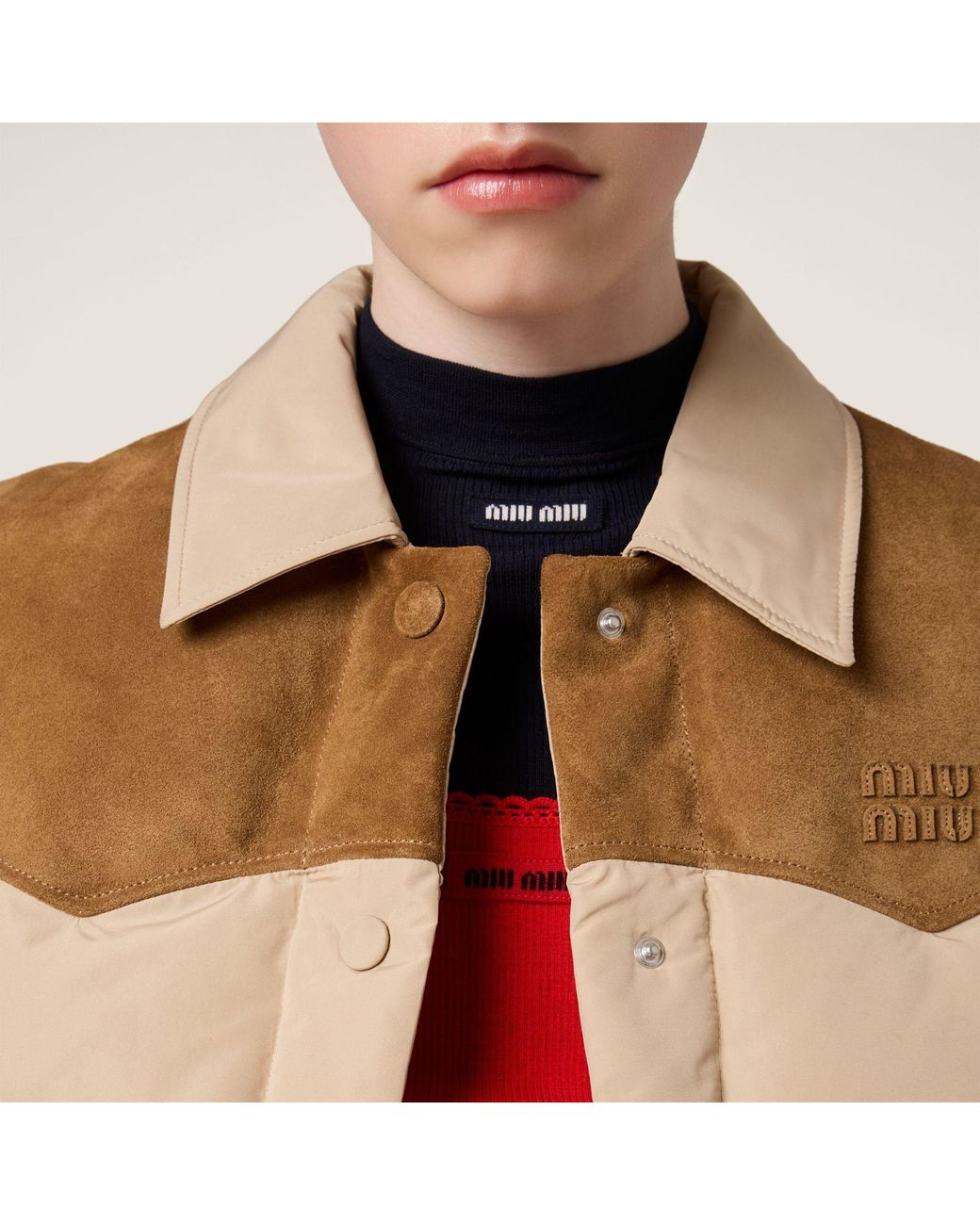 Miu Miu Natural Technical Pongé And Leather Down Vest