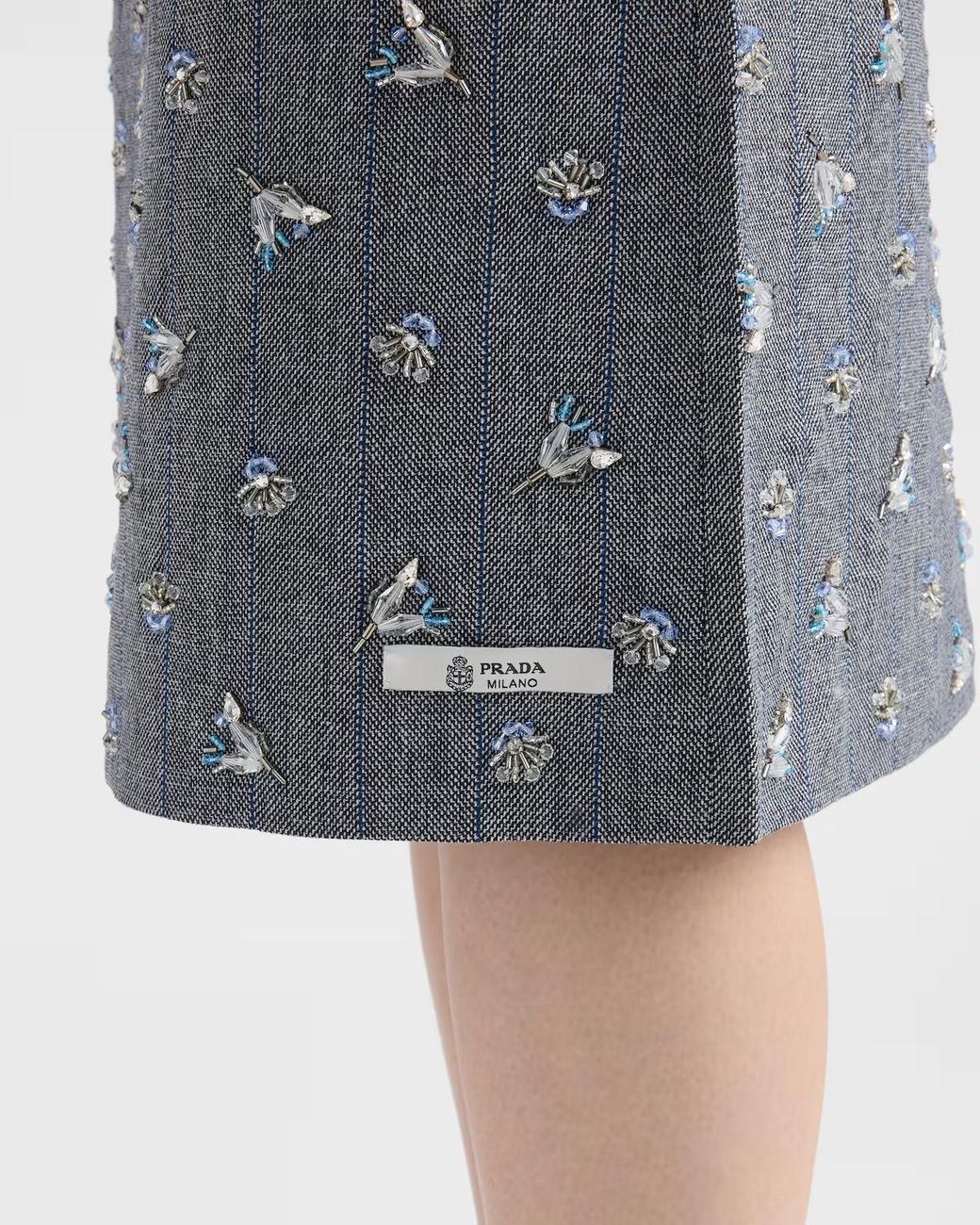 Prada Gray Embellished Pinstripe Wool Midi-Skirt