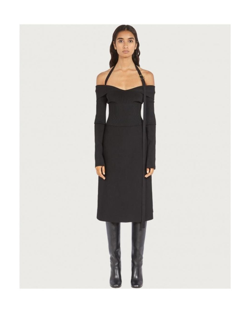 Ferragamo Black Ferragamo Off-Shoulder Long-Sleeved Midi Dress