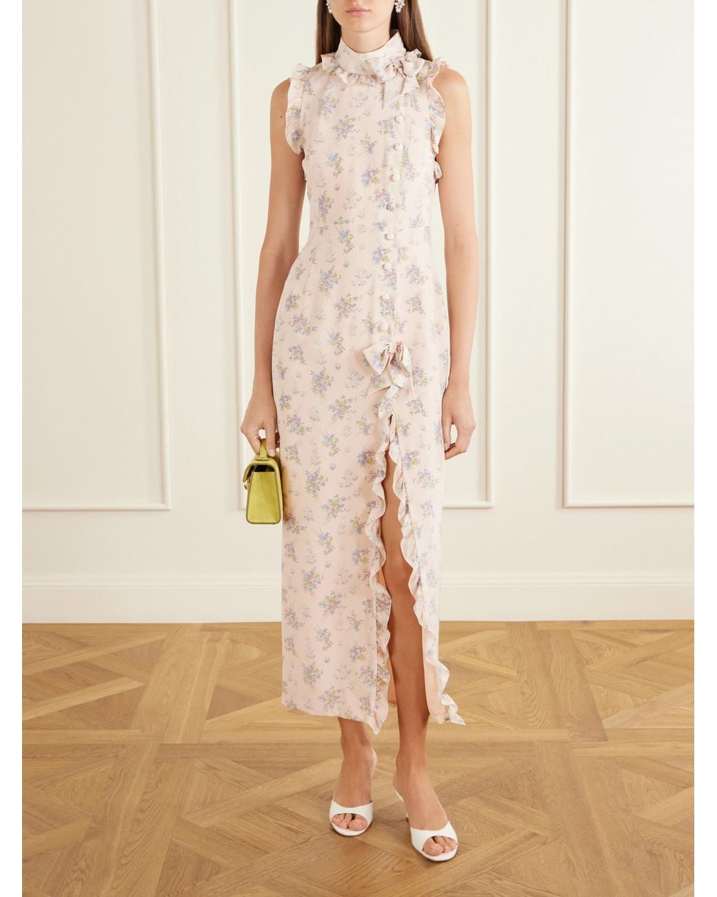 Alessandra Rich White Ruffled Floral-Print Silk Midi Dress