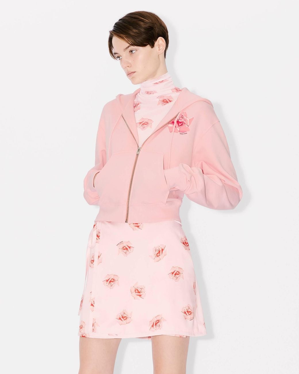 KENZO Pink Rose Printed Zipped Hoodie for men