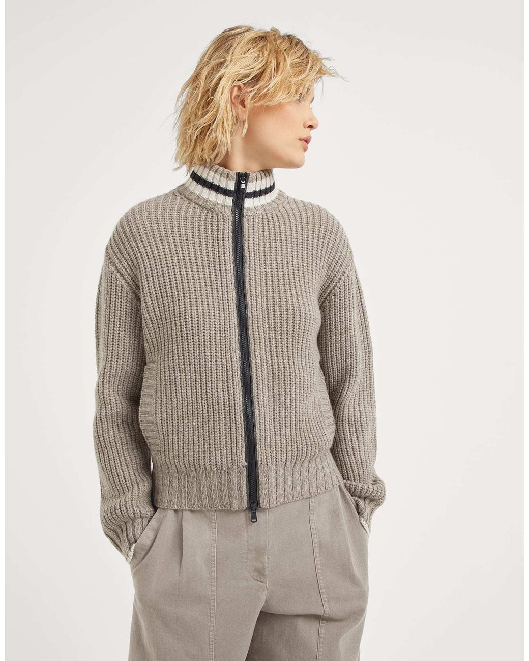 Brunello Cucinelli Brown Cashmere Cardigan With Shiny Trims