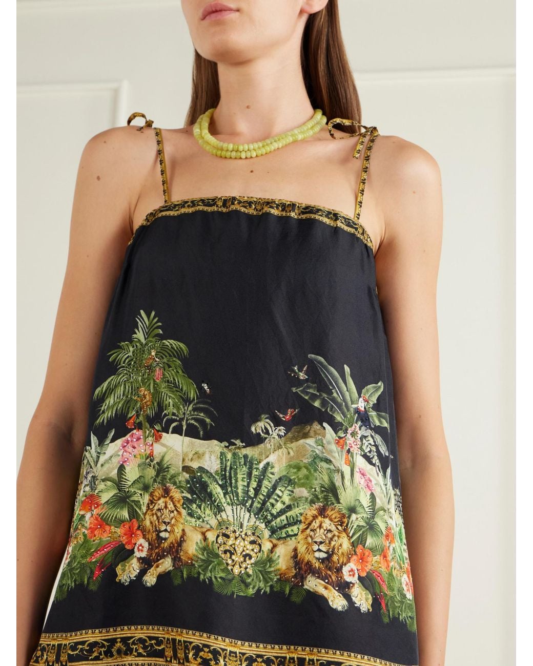 Camilla Black Crystal-Embellished Printed Silk-Satin Top
