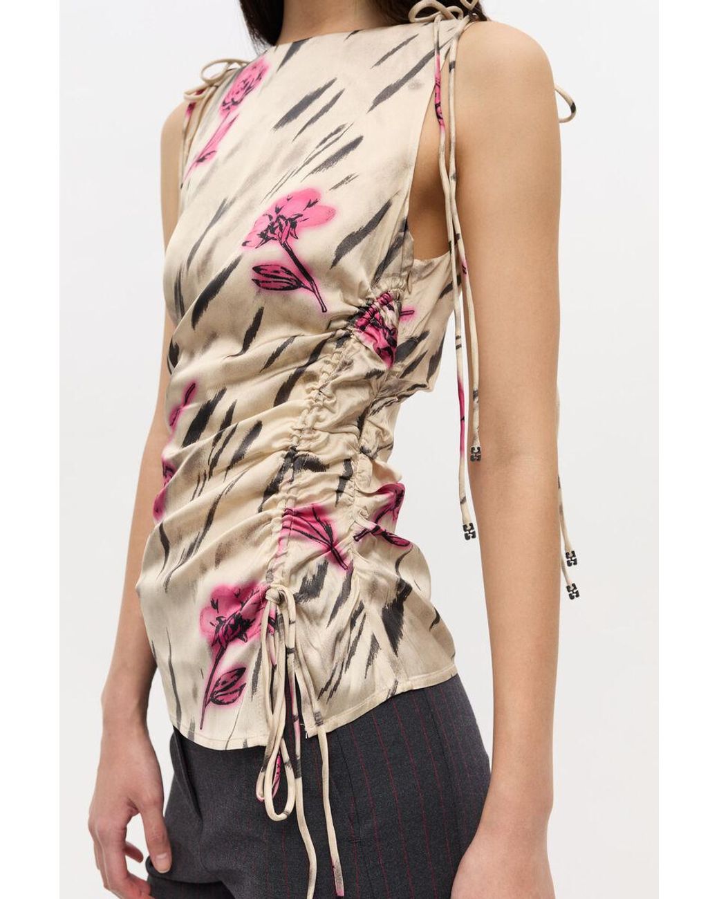 Ganni White Graphic Printed Stretch Satin Gathered Top