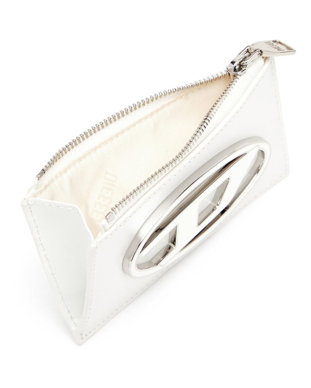 DIESEL White Glossy Leather Zip Card Holder