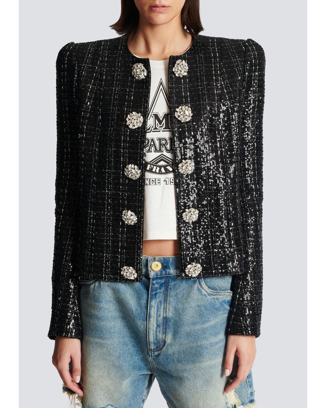Balmain Black Tweed Sequin Embellished Jacket