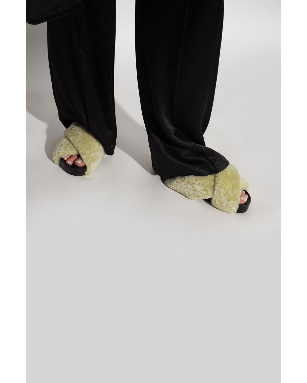 Jil Sander Green Shearling Open-Toe Sandals
