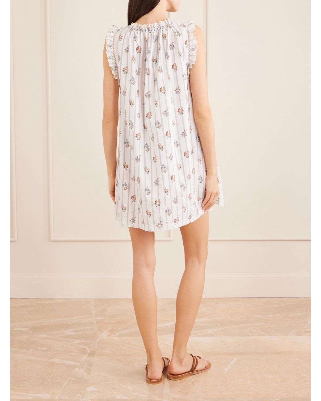Doen White Embroidered Striped Floral-Print Organic Cotton Mini Dress