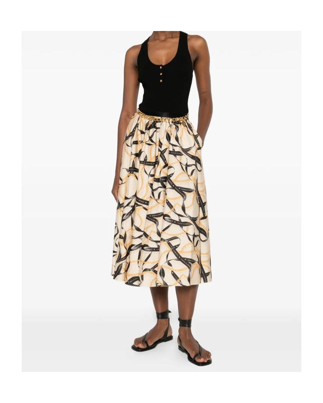 Elisabetta Franchi Natural Printed Skirt With Ribbon And Chain Detail