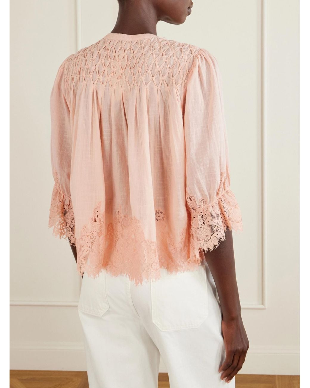 Rixo Natural Shirred Lace-Trimmed Cotton-Voile Blouse