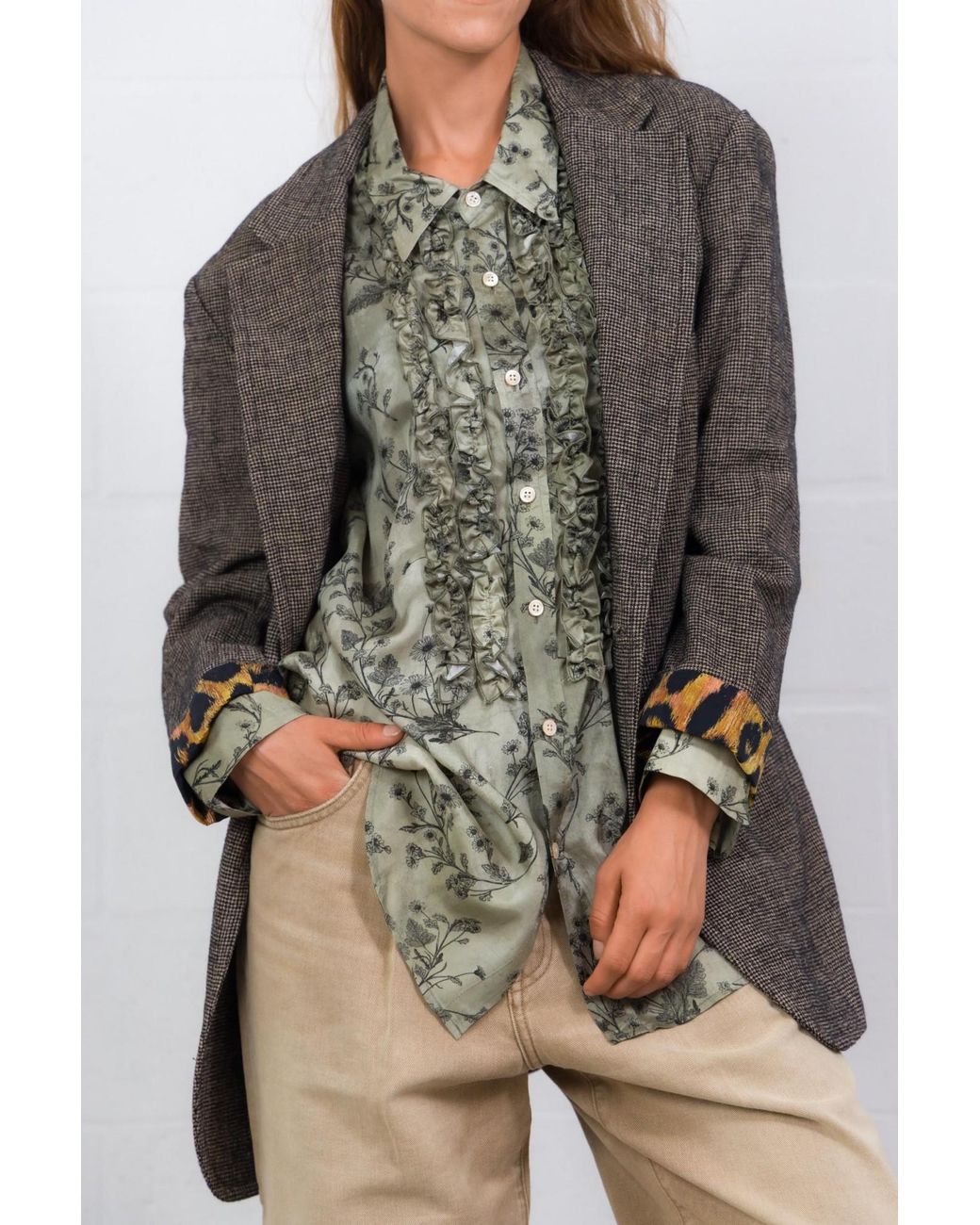R13 Gray Ruffle Floral V-Neck Shirt