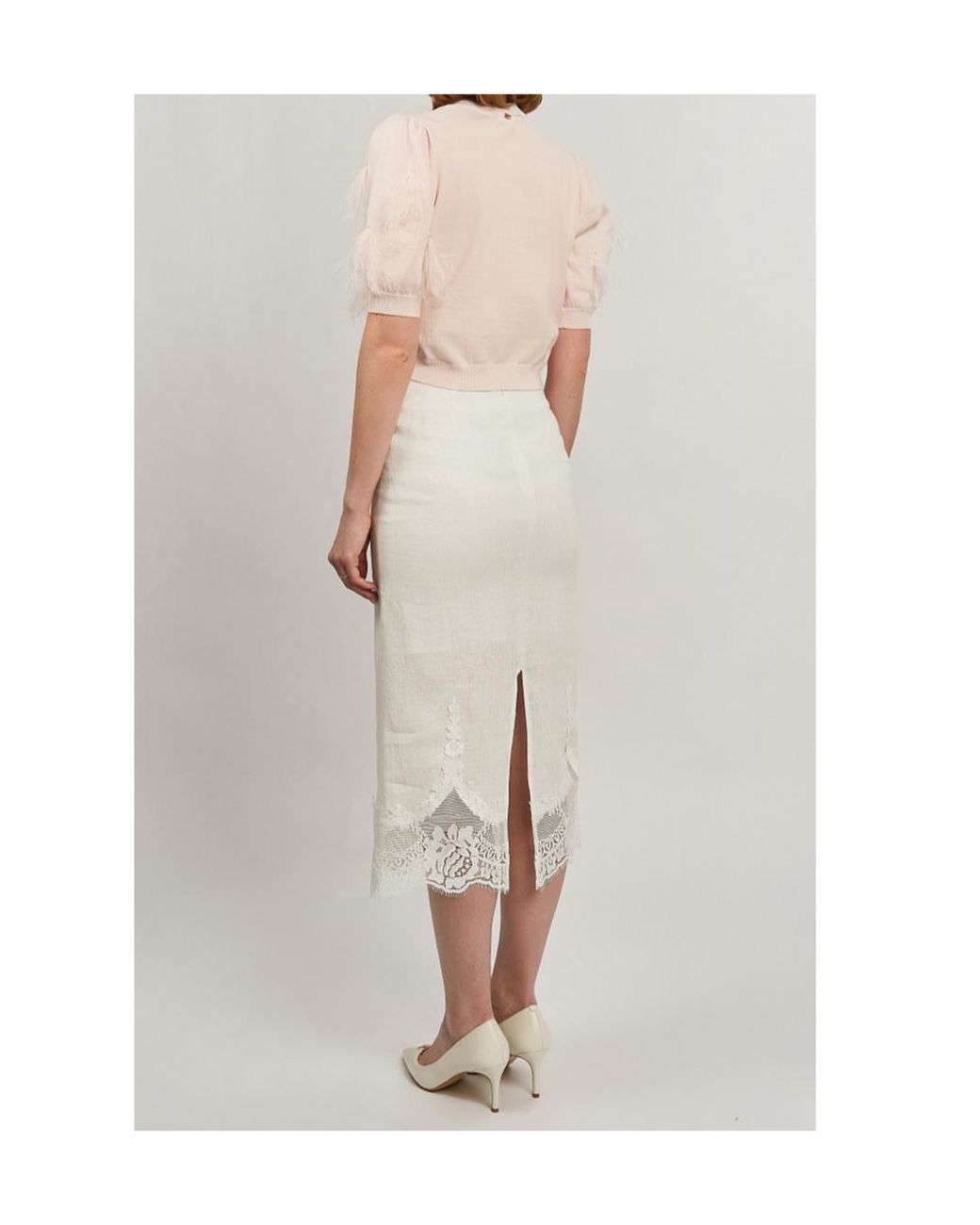Twinset White Lace-Trim Pencil Midi Skirt